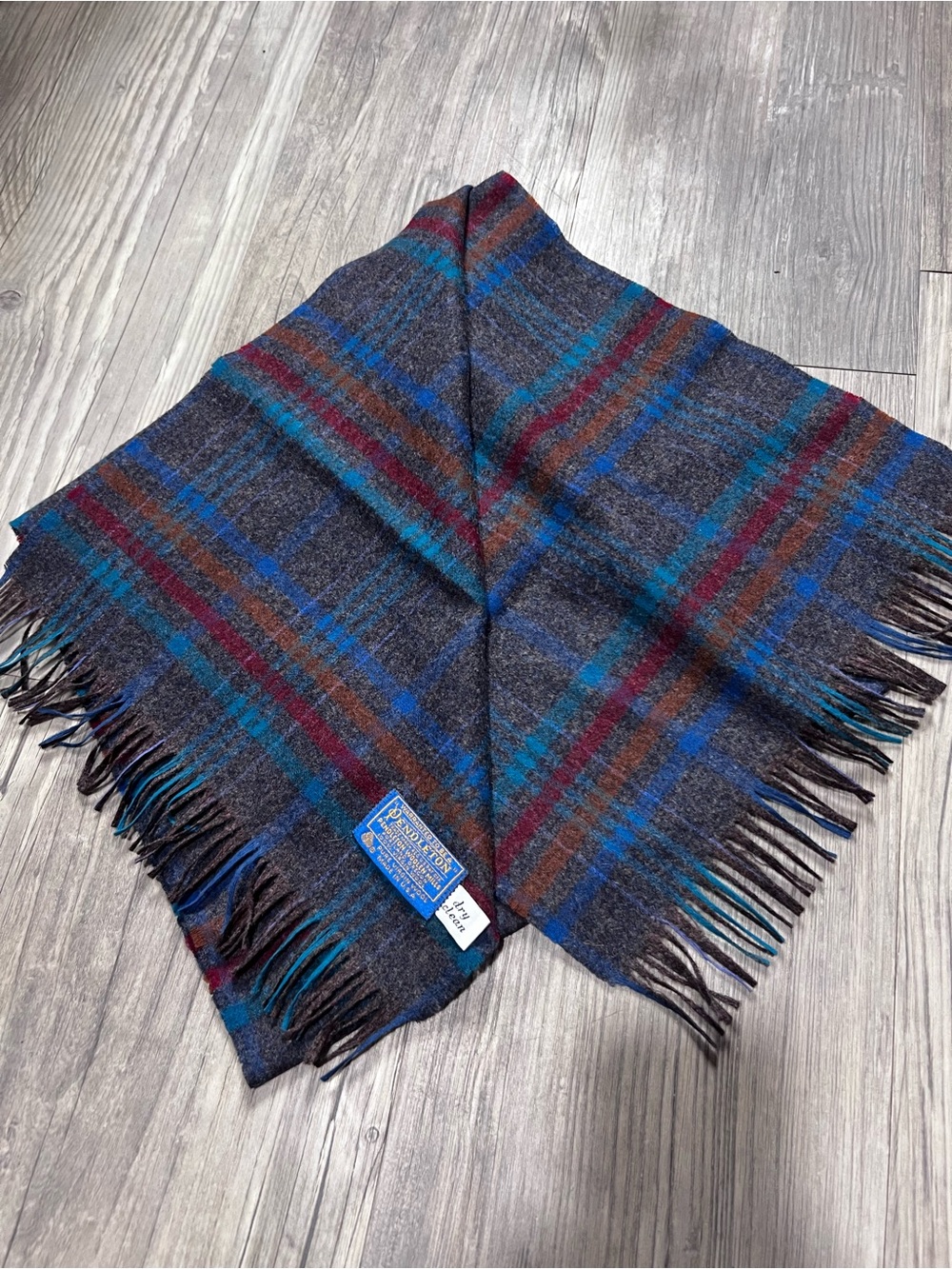 Pendleton Vintage Virgin Wool Grey Plaid Fringe Scarf